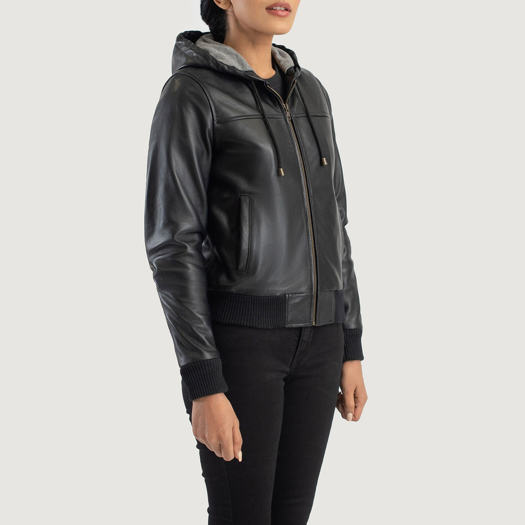 Rebella Black Hooded Leather Bomber Jacket image 2