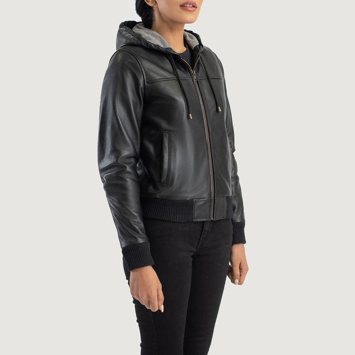 Rebella Black Hooded Leather Bomber Jacket image 2