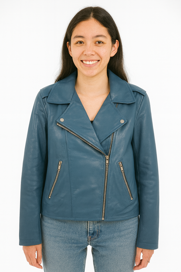Flashback Blue Leather Biker Jacket