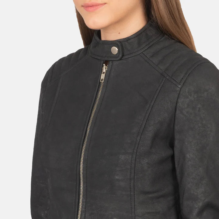 Kelsee Distressed Black Leather Biker Jacket image 4