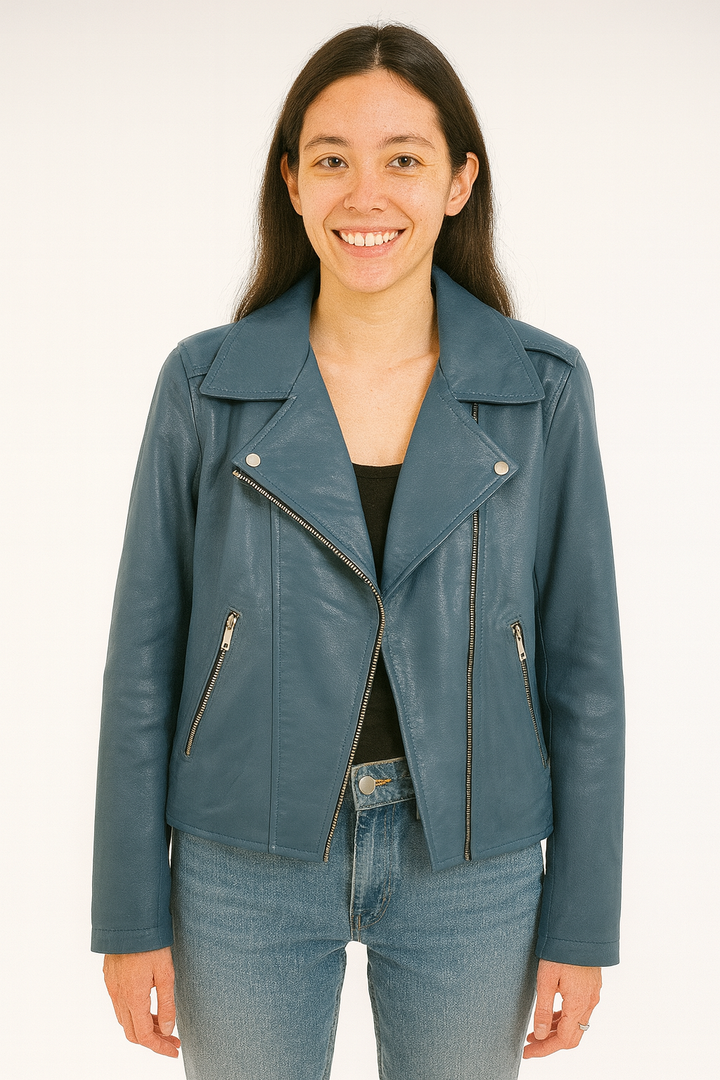 Flashback Blue Leather Biker Jacket