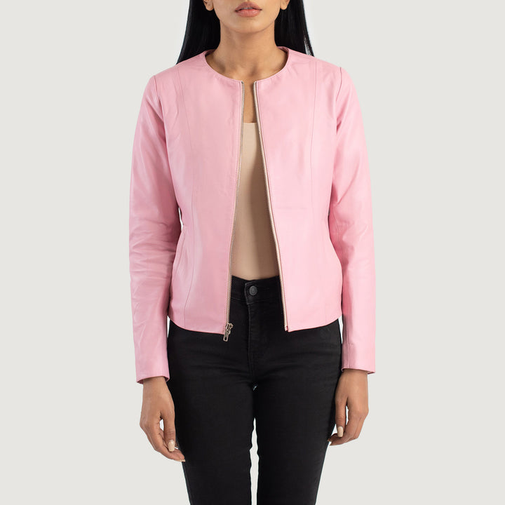 Women's Elixir Pink Collarless Leather Jacket image 2