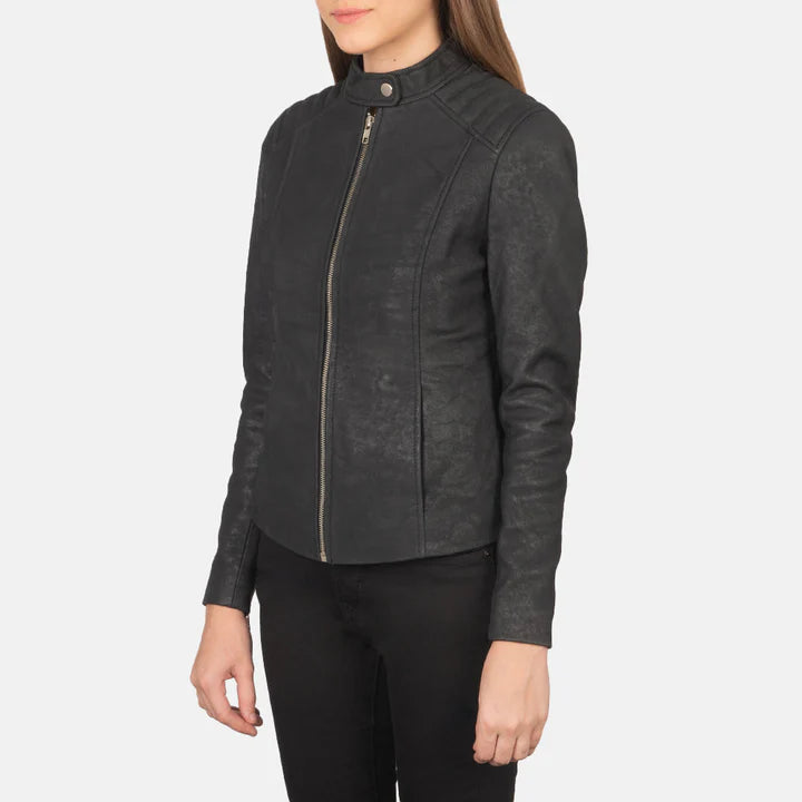 Kelsee Distressed Black Leather Biker Jacket image 1