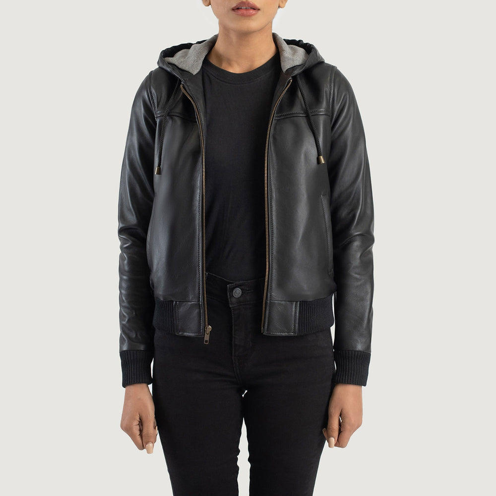Rebella Black Hooded Leather Bomber Jacket image 1