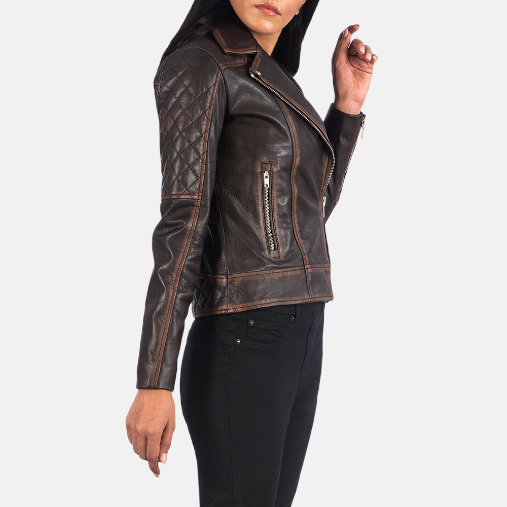 Carolyn Quilted Vintage Brown Biker Jacket image 2