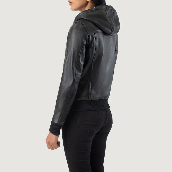 Rebella Black Hooded Leather Bomber Jacket image 3