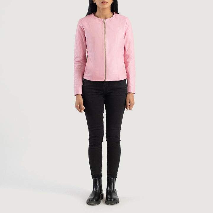 Women's Elixir Pink Collarless Leather Jacket image 0