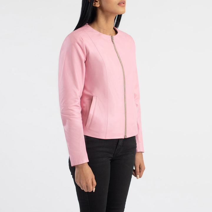 Women's Elixir Pink Collarless Leather Jacket image 3