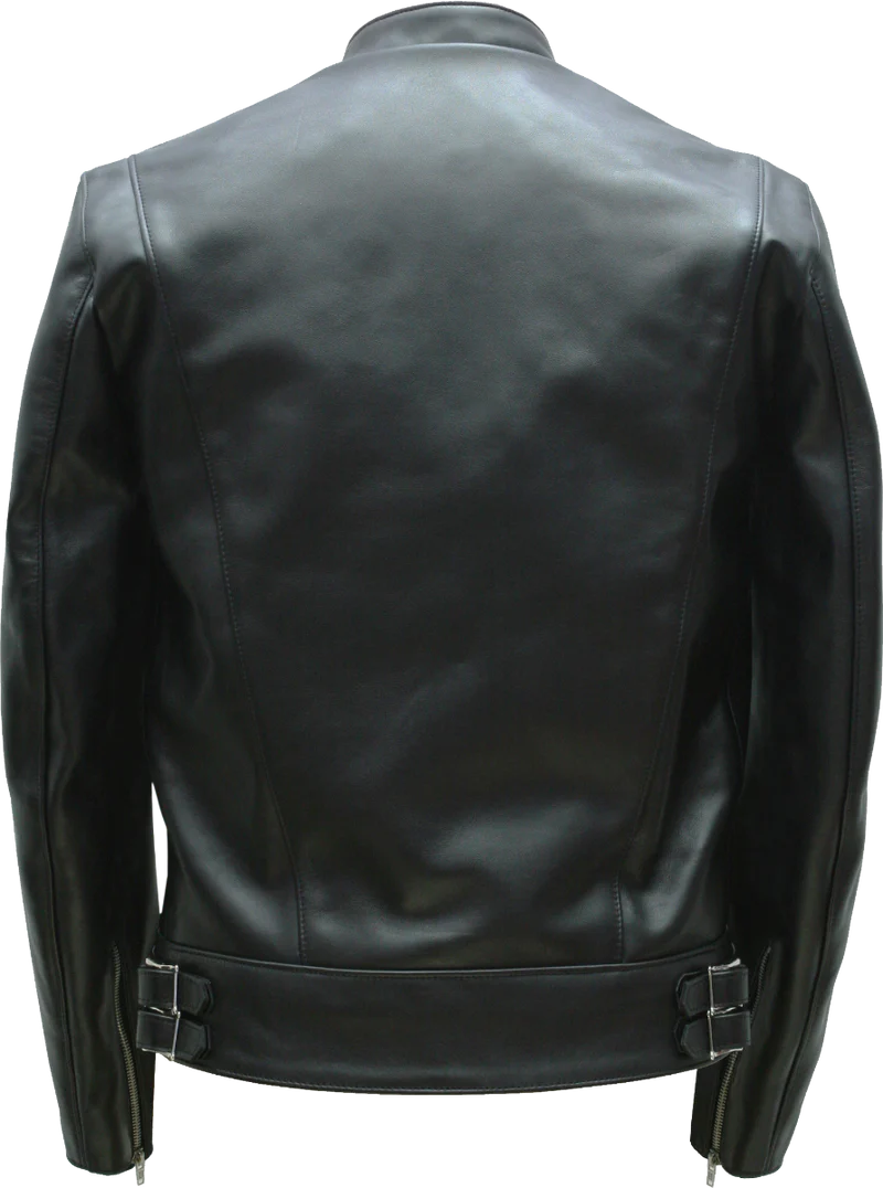 Black leather jacket shown from the back, featuring a high collar, structured shoulders, and two silver buckle straps at the waist.