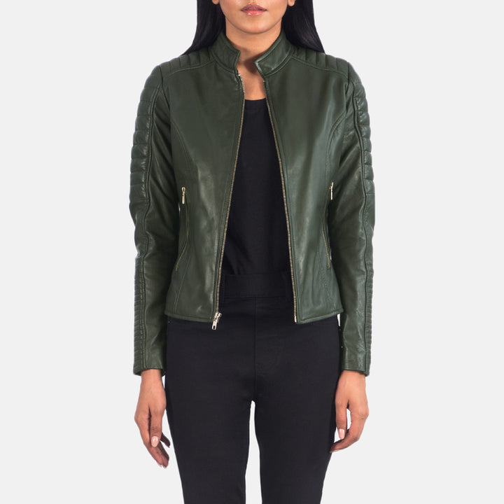 Adalyn Quilted Green Leather Biker Jacket image 1