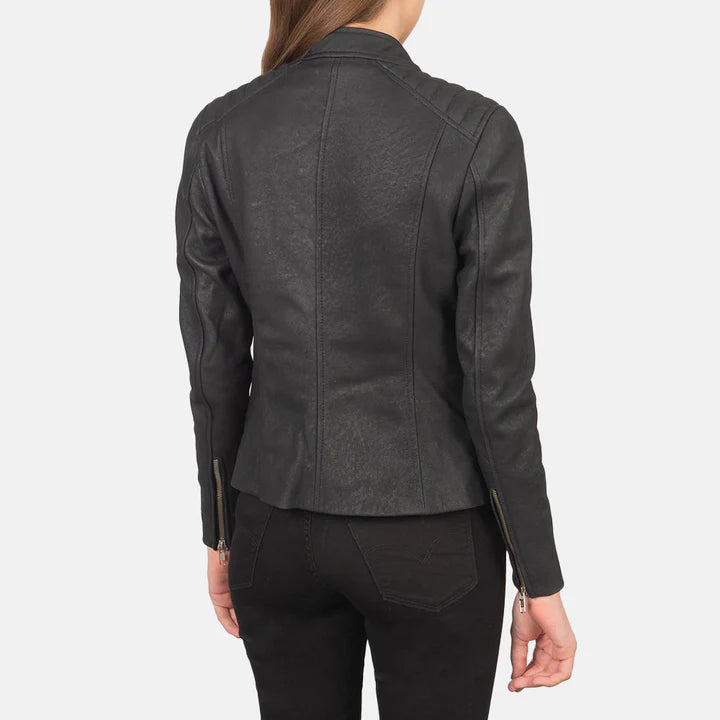 Kelsee Distressed Black Leather Biker Jacket image 3