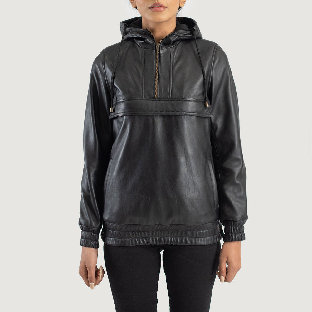 Zest Black Hooded Leather Pullover Jacket image 1