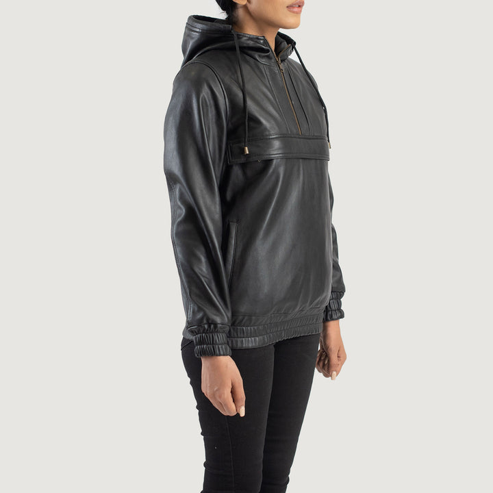 Zest Black Hooded Leather Pullover Jacket image 3