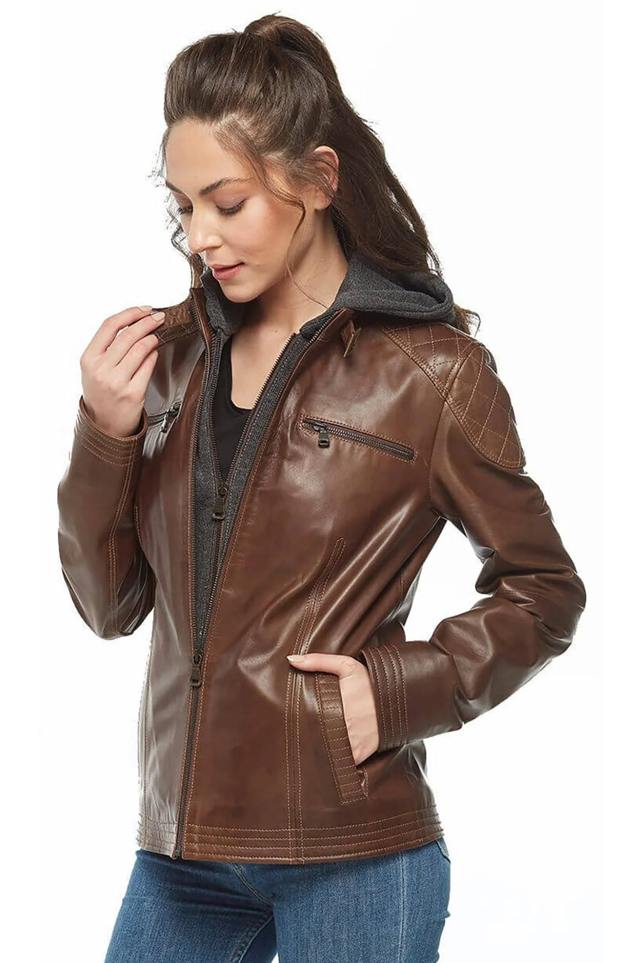 Brown Women’s Hooded Leather Jacket image 0