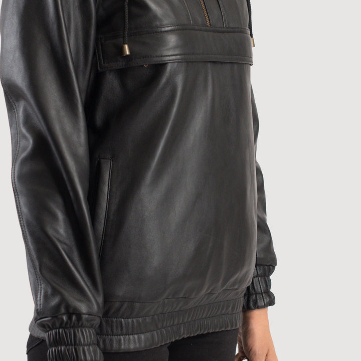 Zest Black Hooded Leather Pullover Jacket image 5