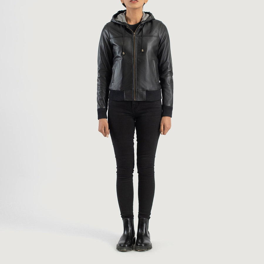 Rebella Black Hooded Leather Bomber Jacket image 0