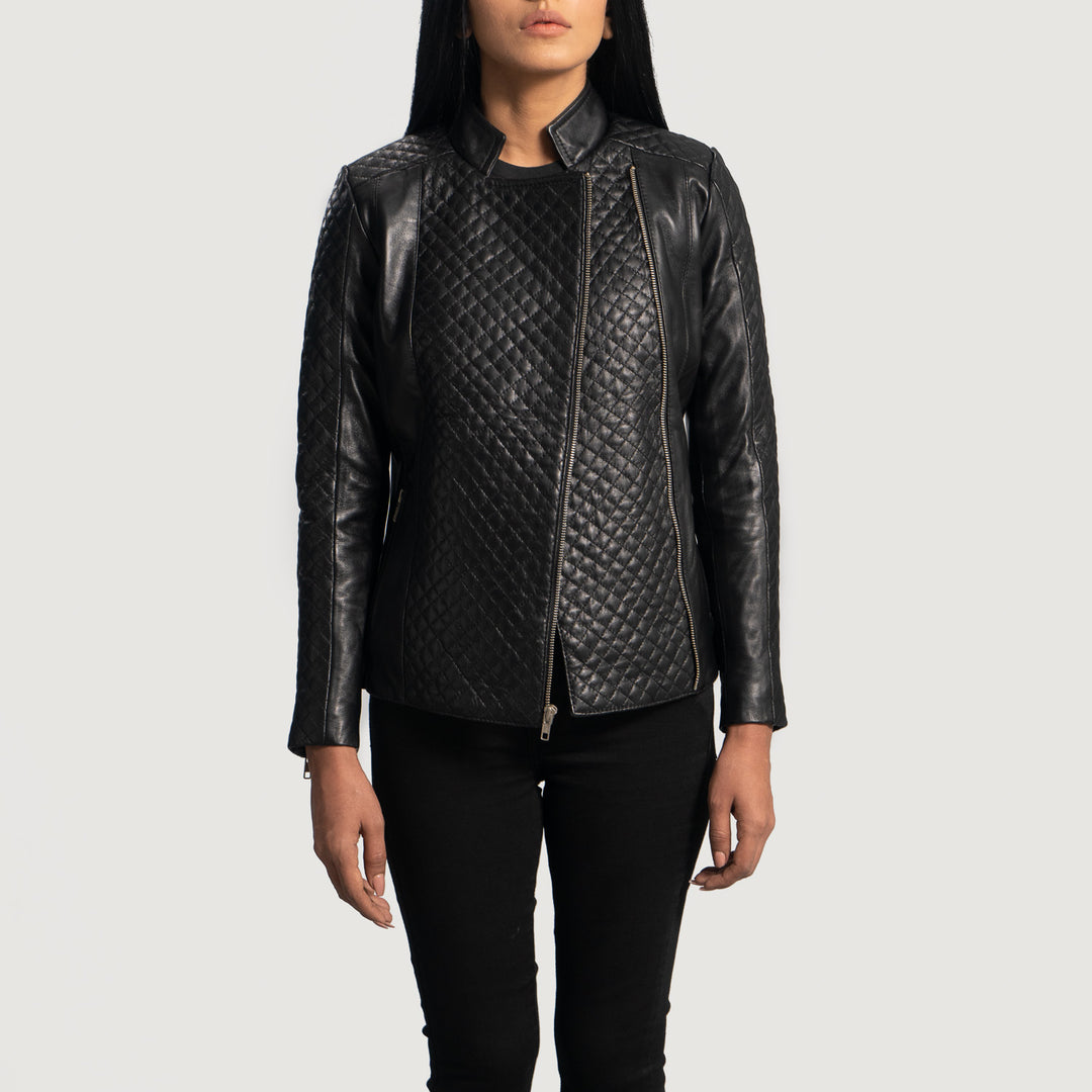 Orient Grain Quilted Black Leather Biker Jacket image 2