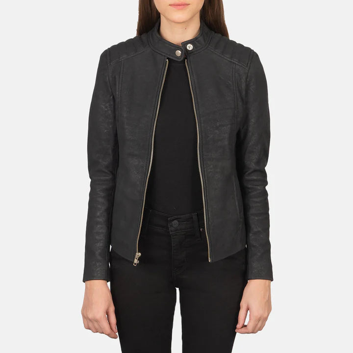Kelsee Distressed Black Leather Biker Jacket image 2
