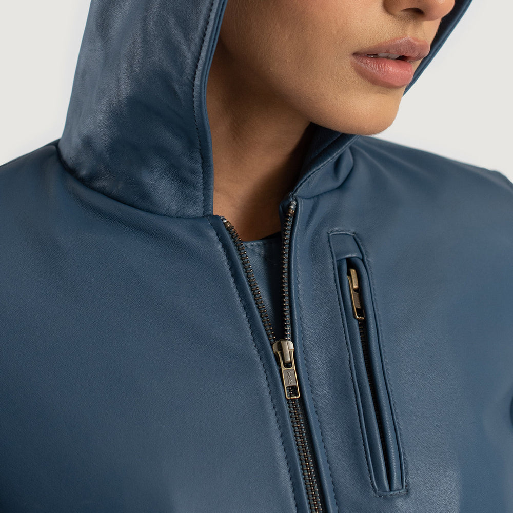 Luna Blue Hooded Leather Bomber Jacket image 1