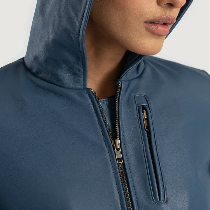 Luna Blue Hooded Leather Bomber Jacket image 1