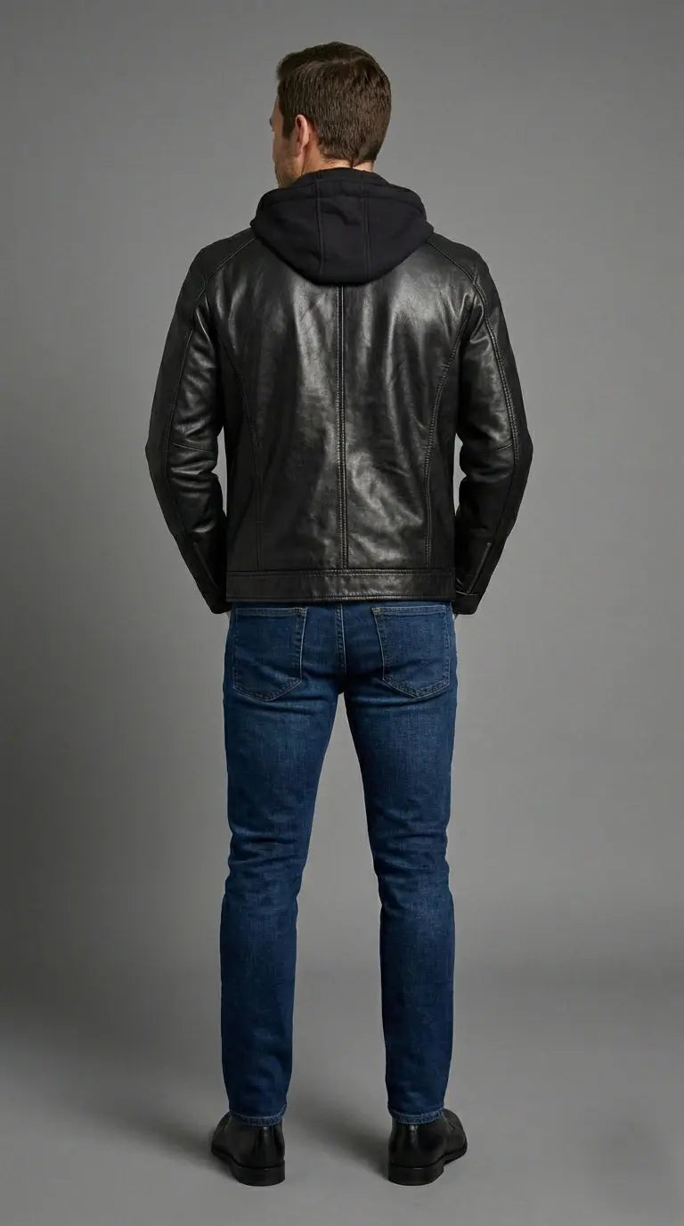 Hector Black Hooded Leather Biker Jacket My Store