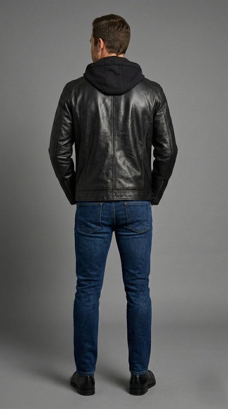 Hector Black Hooded Leather Biker Jacket