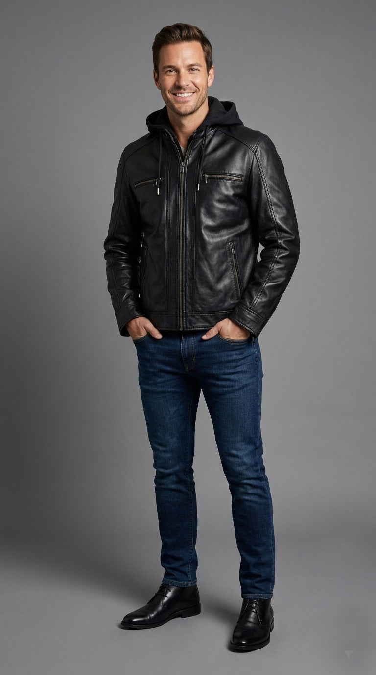 Hector Black Hooded Leather Biker Jacket