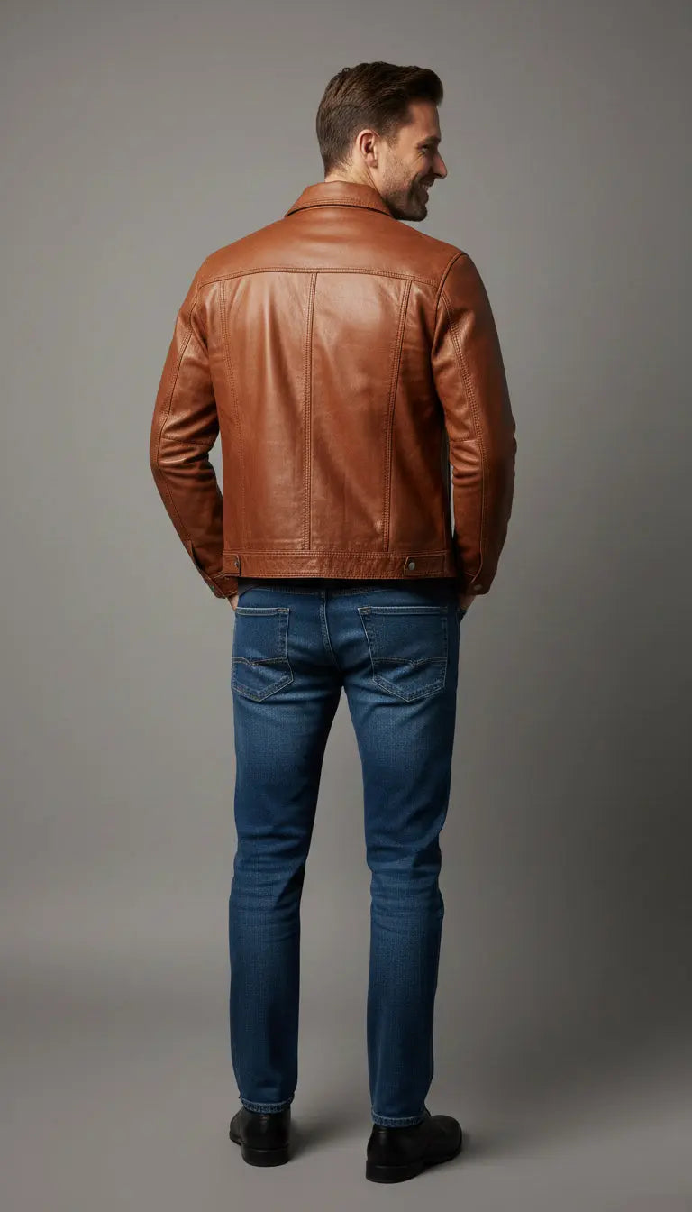 Classic Leather Jacket Genuine Leather Regular Fit Spread Collar Zip Front Closure Aviator Style My Store