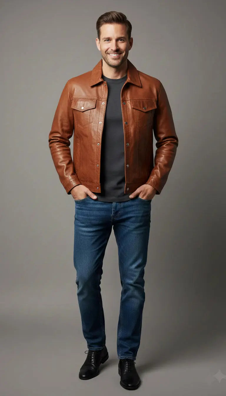 Classic Leather Jacket Genuine Leather Regular Fit Spread Collar Zip Front Closure Aviator Style My Store