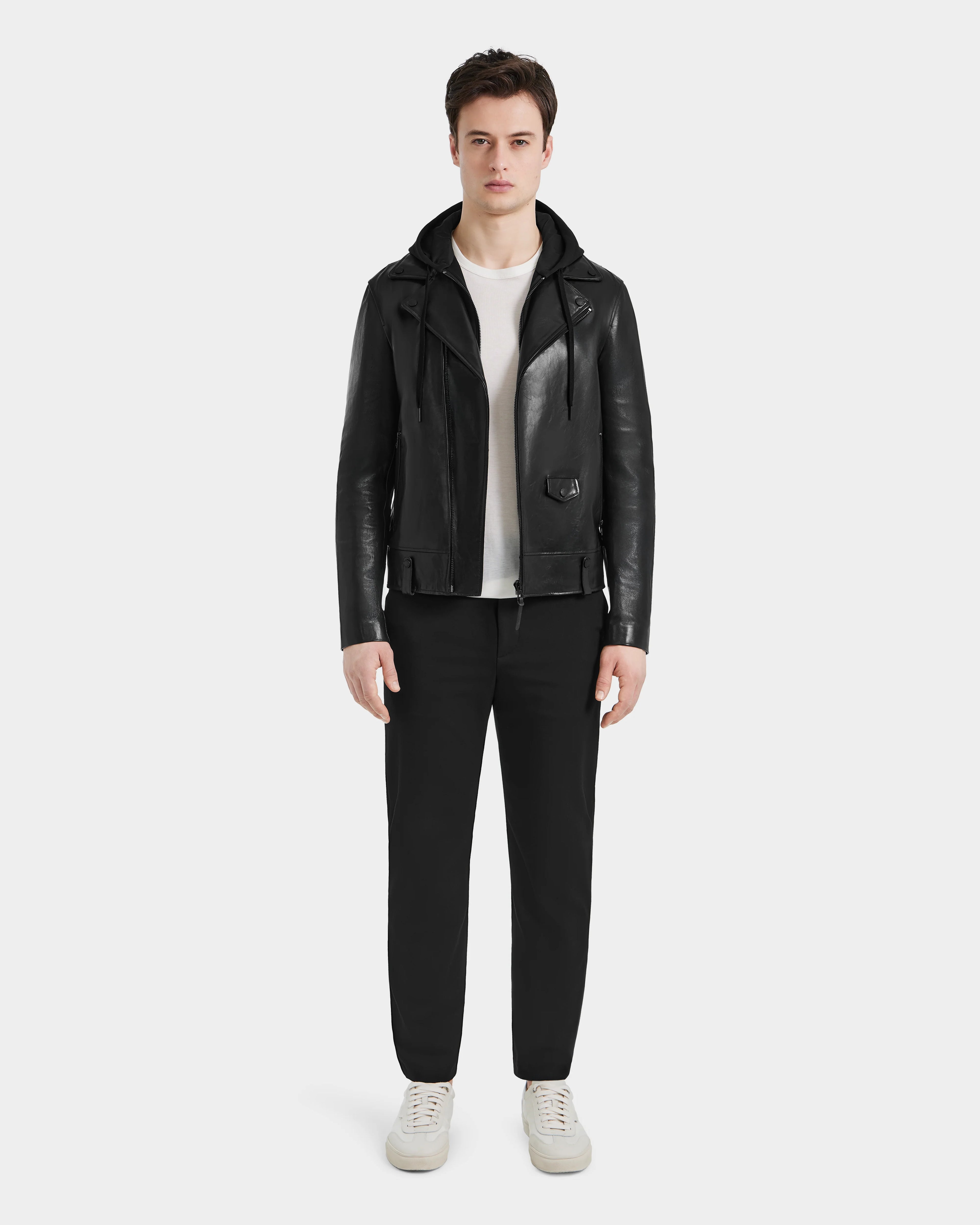 MANUS B Men's Leather Moto Jacket front view in premium black sheepskin leather by Pelleaura
