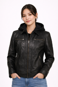 Hector Black Hooded Leather Biker Jacket for Women My Store