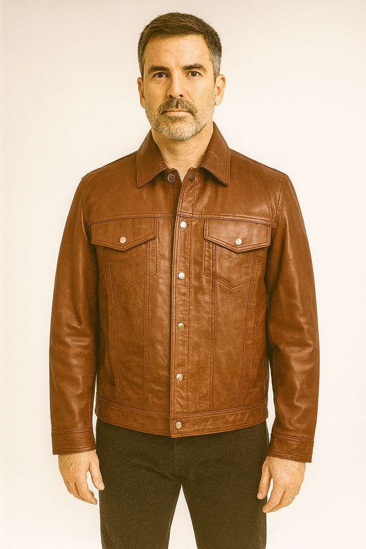 Classic Leather Jacket Genuine Leather Regular Fit Spread Collar Zip Front Closure Aviator Style