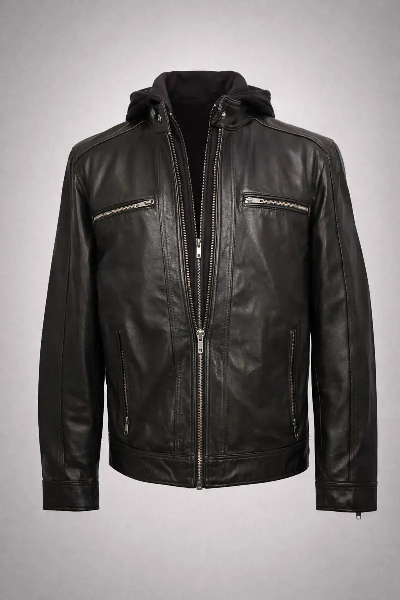 Hector Black Hooded Leather Biker Jacket My Store
