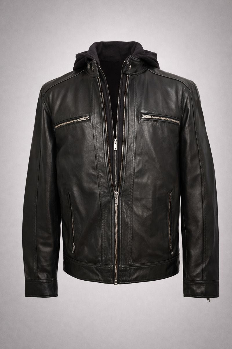 Hector Black Hooded Leather Biker Jacket
