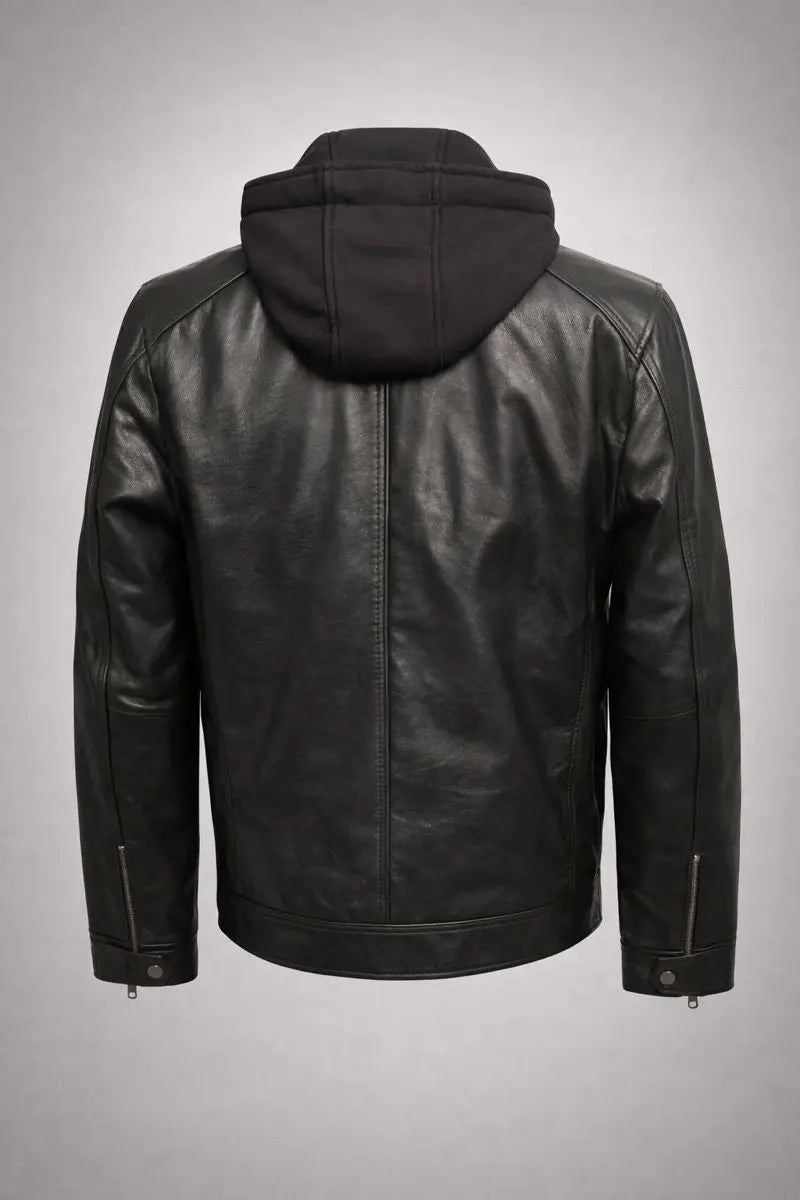 Hector Black Hooded Leather Biker Jacket My Store