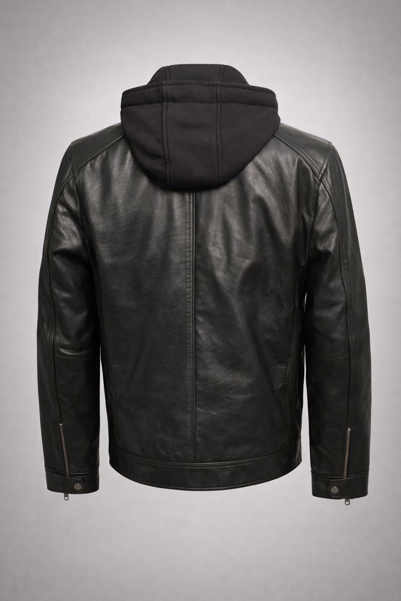 Hector Black Hooded Leather Biker Jacket