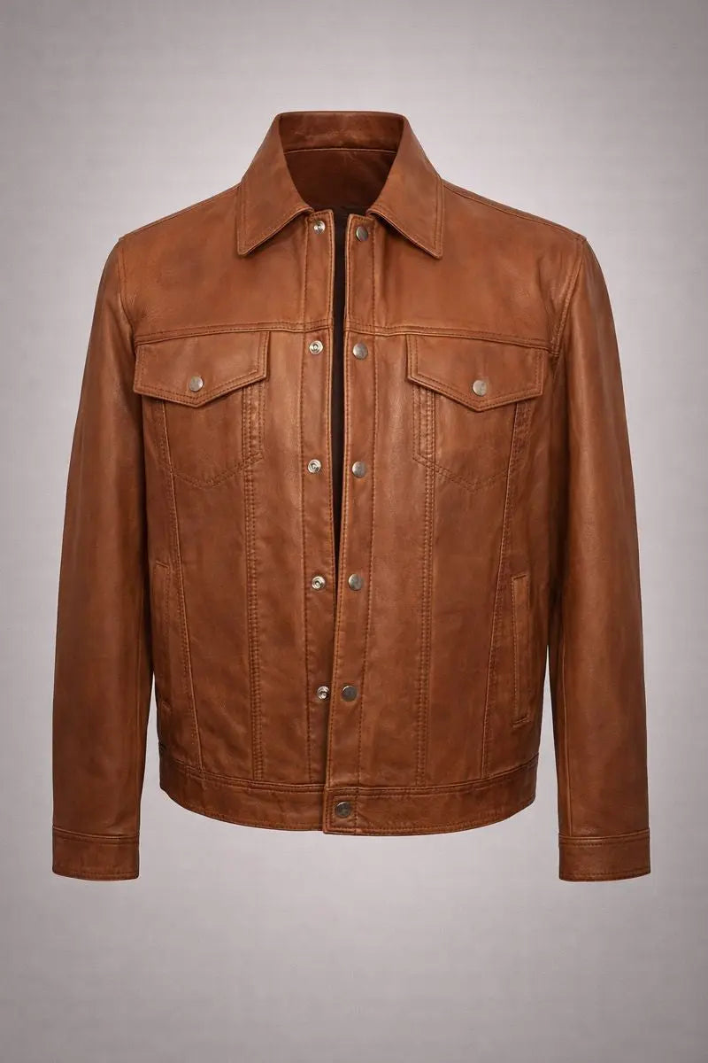 Classic Leather Jacket Genuine Leather Regular Fit Spread Collar Zip Front Closure Aviator Style My Store