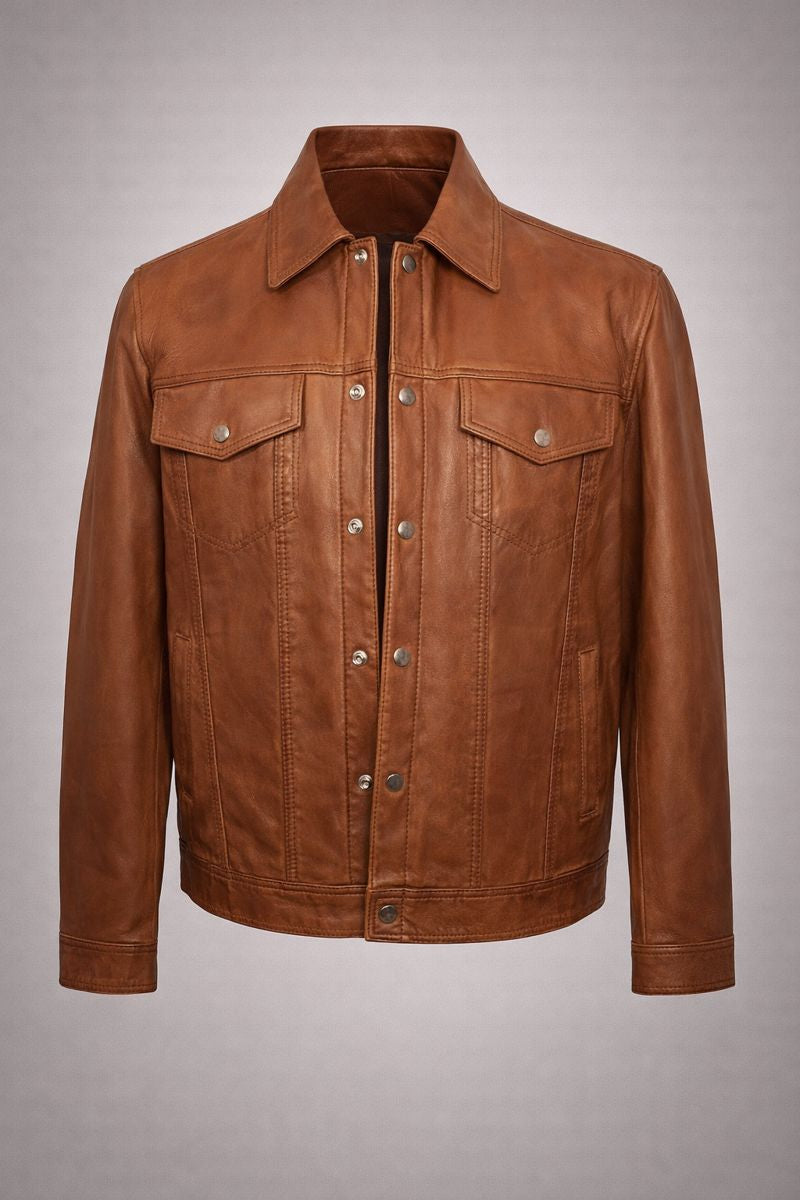 Classic Leather Jacket Genuine Leather Regular Fit Spread Collar Zip Front Closure Aviator Style