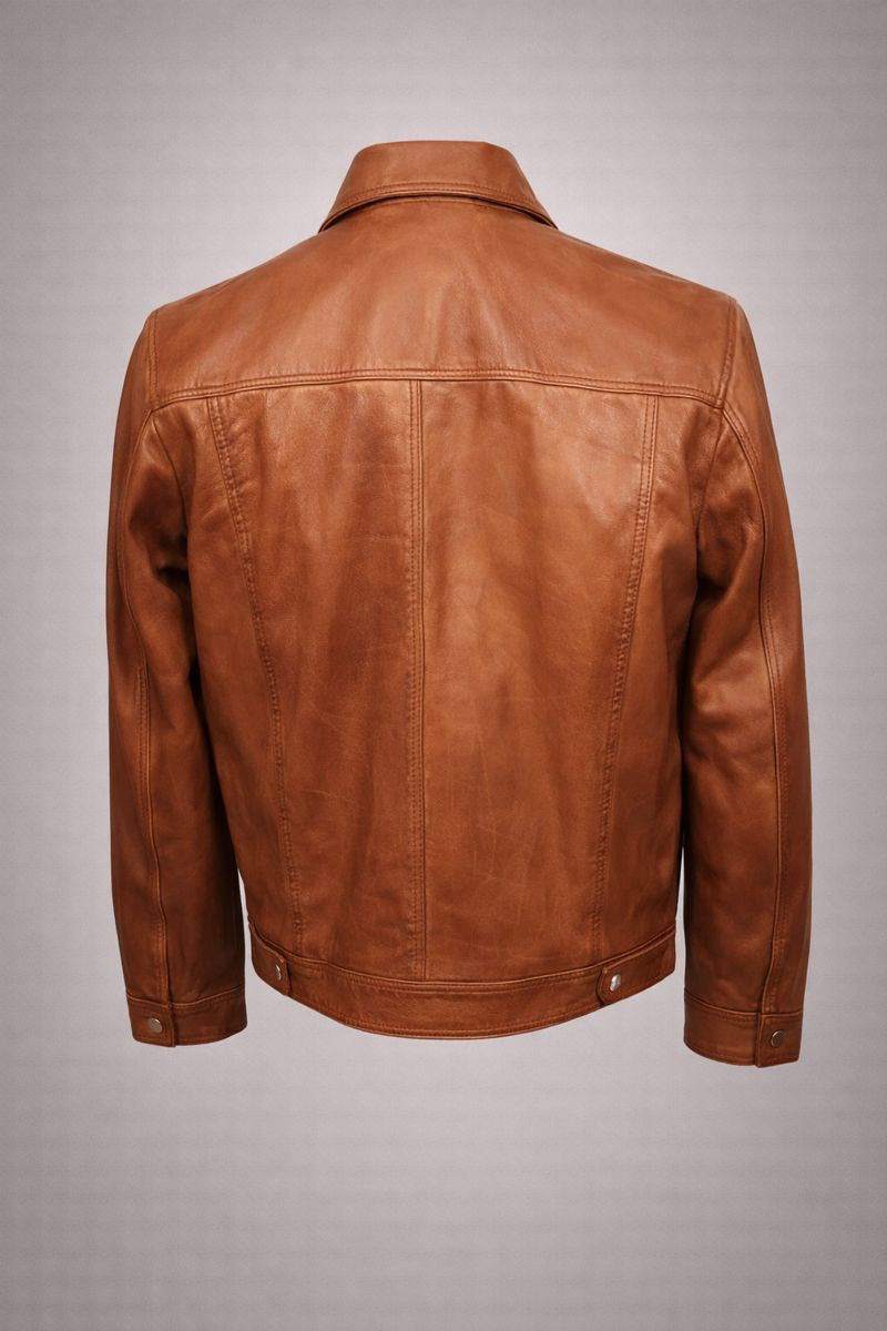 Classic Leather Jacket Genuine Leather Regular Fit Spread Collar Zip Front Closure Aviator Style