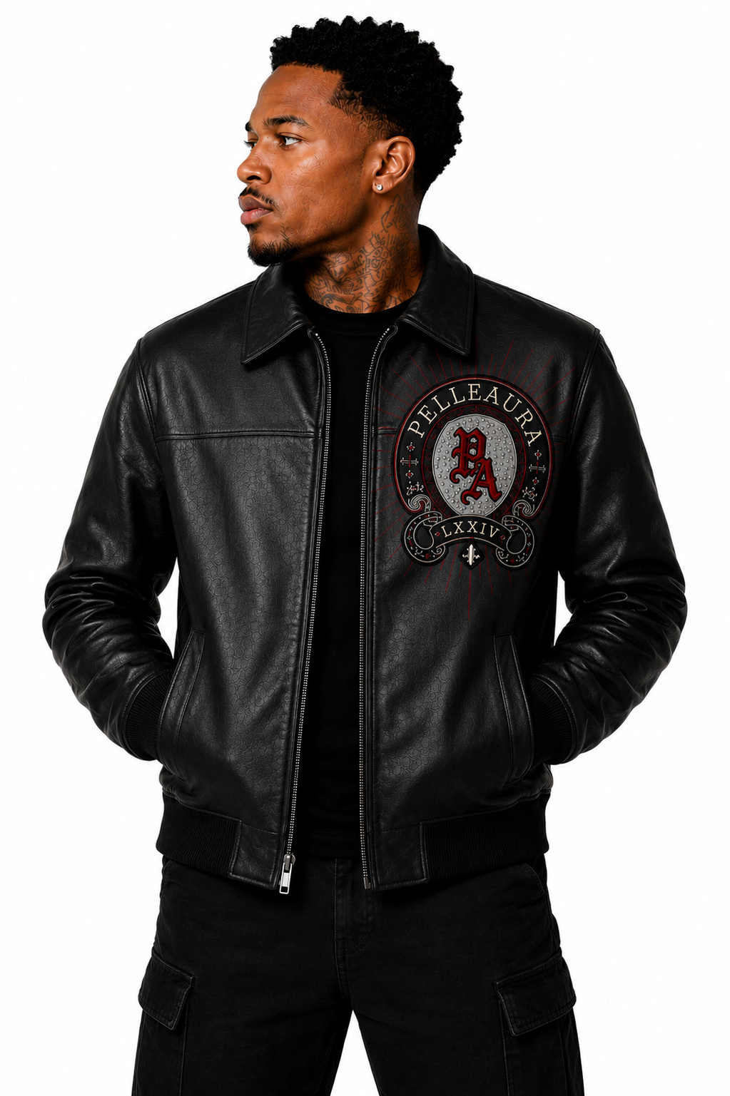 Pella Aura Leather Bomber Jacket | Emblem Crest Moto Jacket for Men Pelleaura | Premium Quality Leather Stuff Brand USA