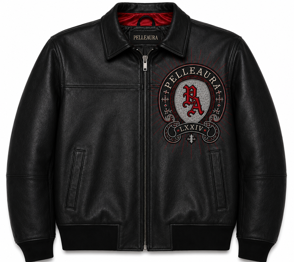 Pella Aura Leather Bomber Jacket | Emblem Crest Moto Jacket for Men Pelleaura | Premium Quality Leather Stuff Brand USA