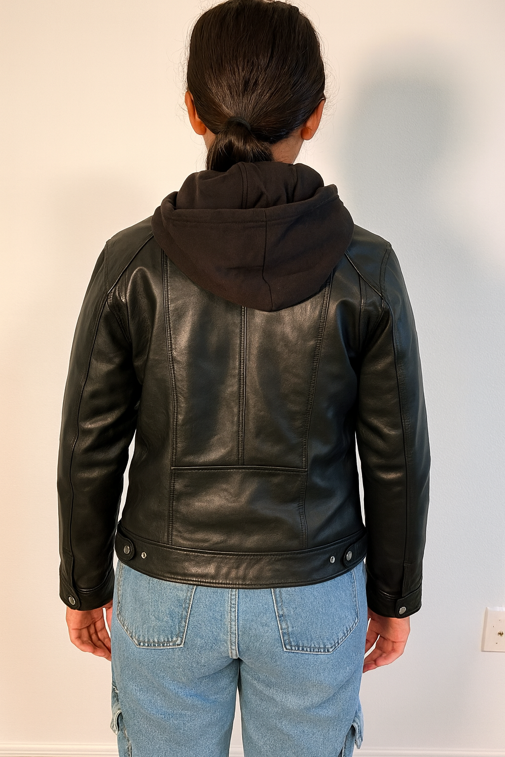 Hector Black Hooded Leather Biker Jacket for Women