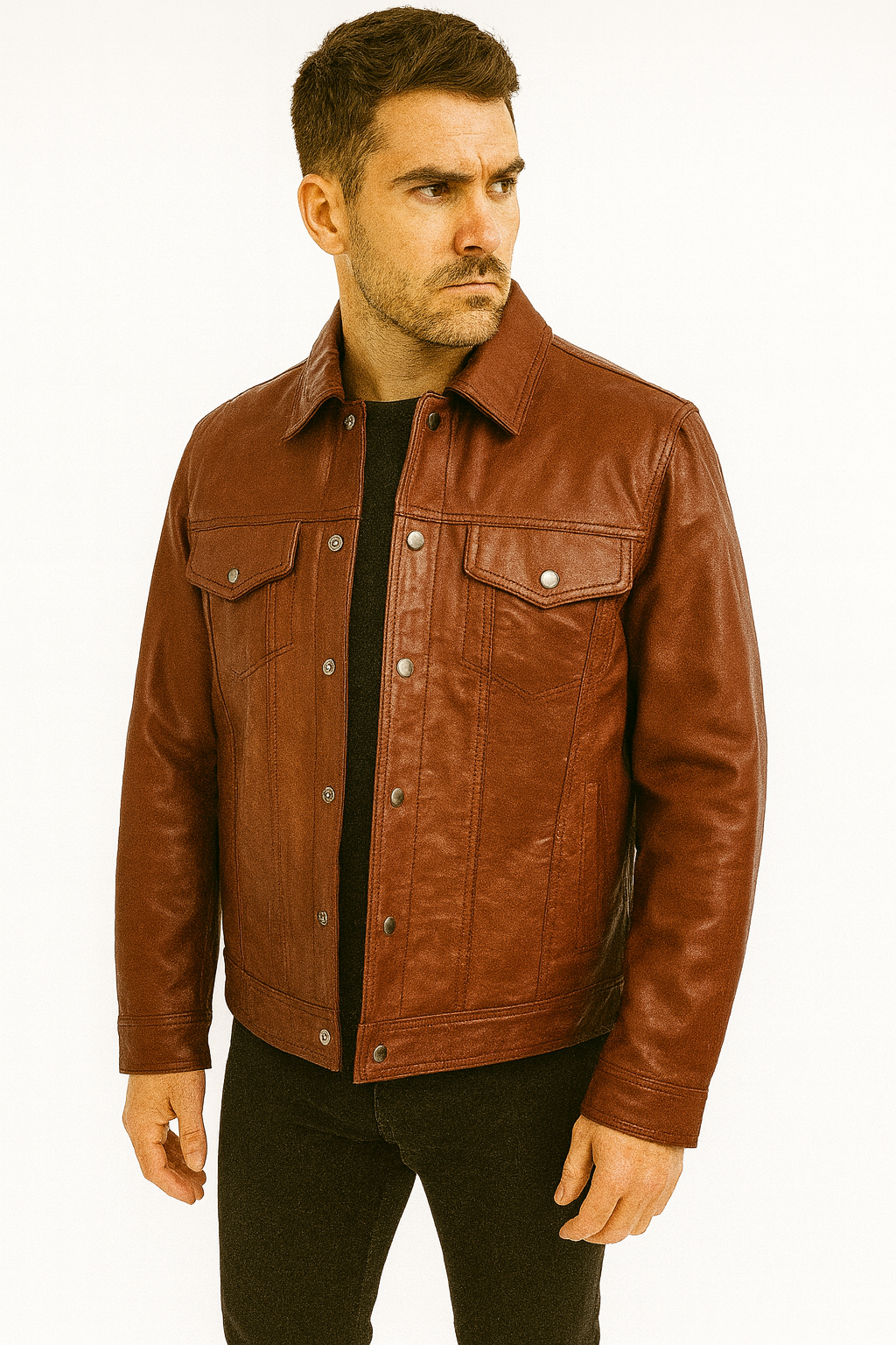 Classic Leather Jacket Genuine Leather Regular Fit Spread Collar Zip Front Closure Aviator Style