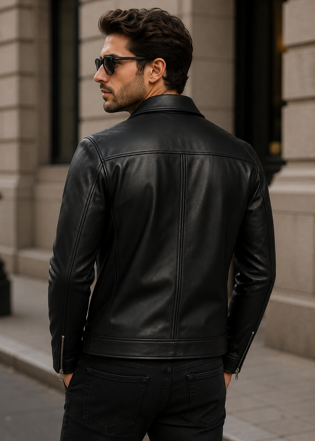 Male Model Wearing Black Leather Jacket Back View