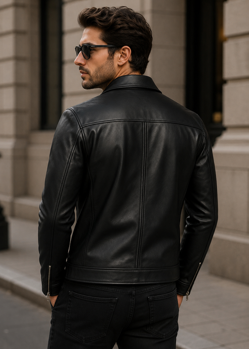 Male Model Wearing Black Leather Jacket Back View