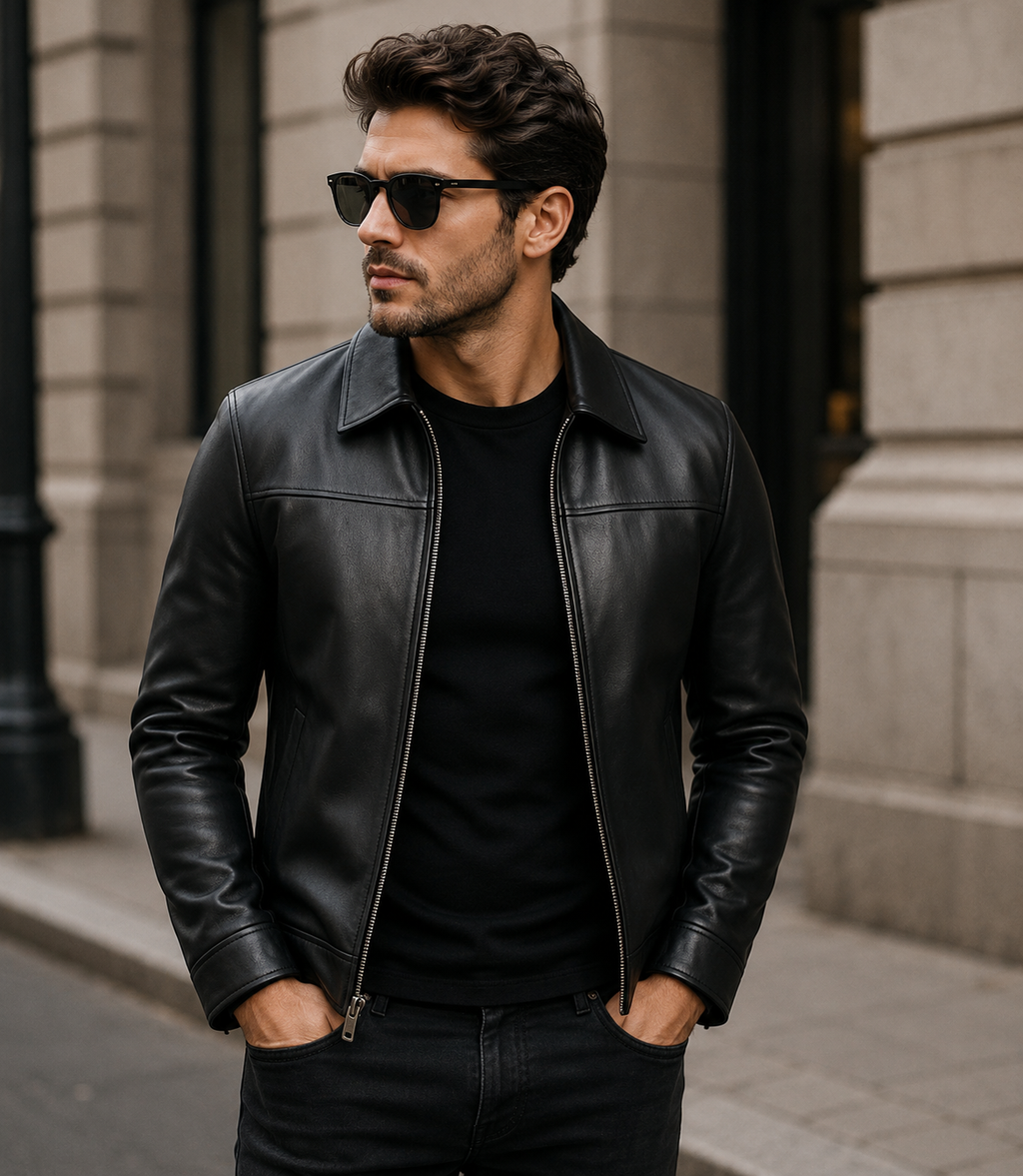 Male Model Wearing Black Leather Jacket Front View