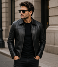 Male Model Wearing Black Leather Jacket Front View