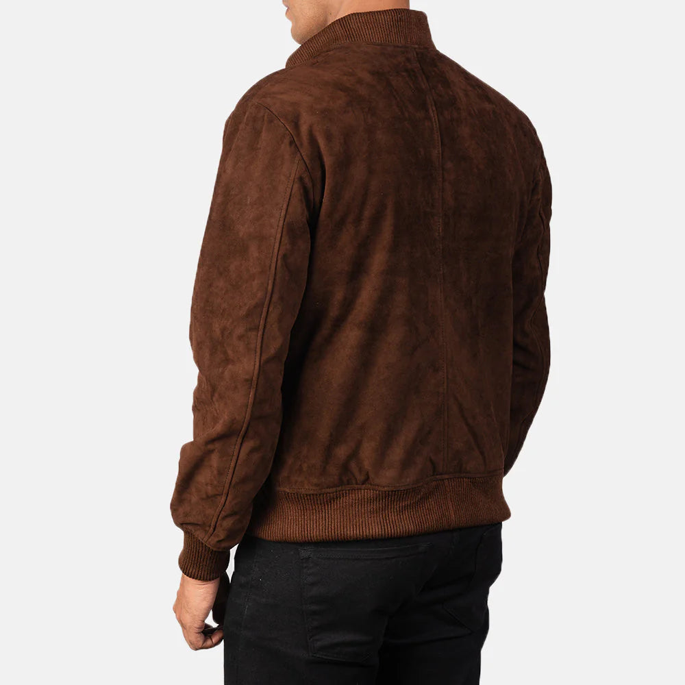 Brown suede jacket worn by a person on a white background