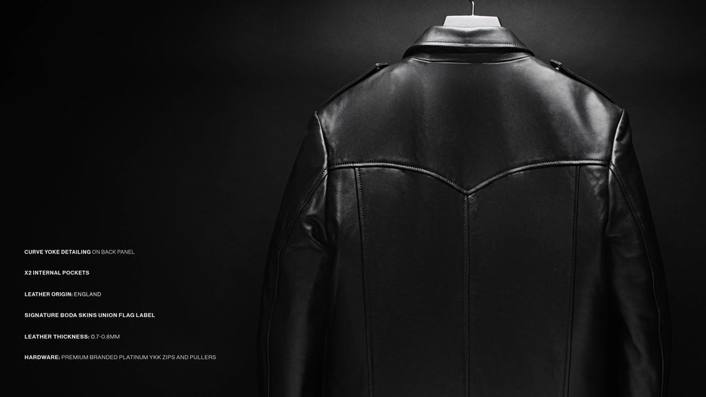 Black leather jacket shown from the back on a hanger against a dark studio background, with small white text listing features on the left side.