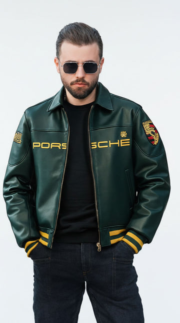 Men’s Dark Green Leather Racing Bomber Jacket – Varsity Style